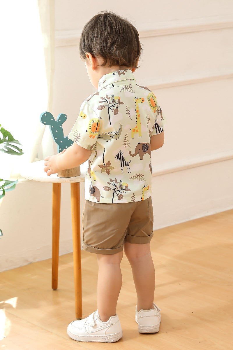JEELLIGULAR Toddler Baby Boy Summer Clothes Short Sleeve Button Down Shirt Shorts Set Gentlemen Casual Outfits 1-6 Years (Animal Print & Khaki, 12-18M) - Image 3